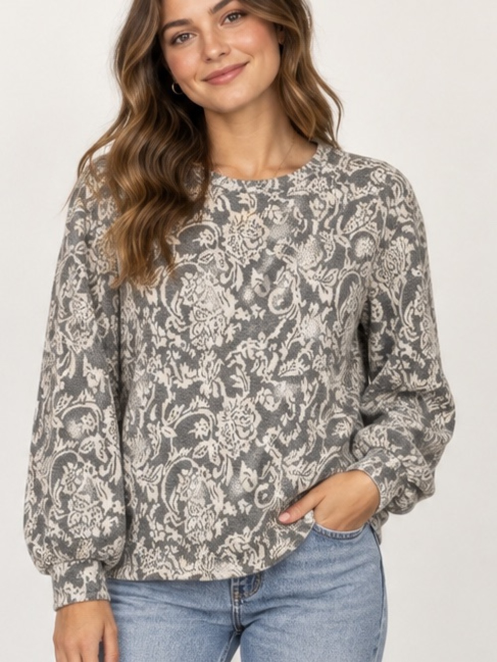 Indigo Poppy Gray Ivory Paisley Floral Puff Sleeve Top Size Small
